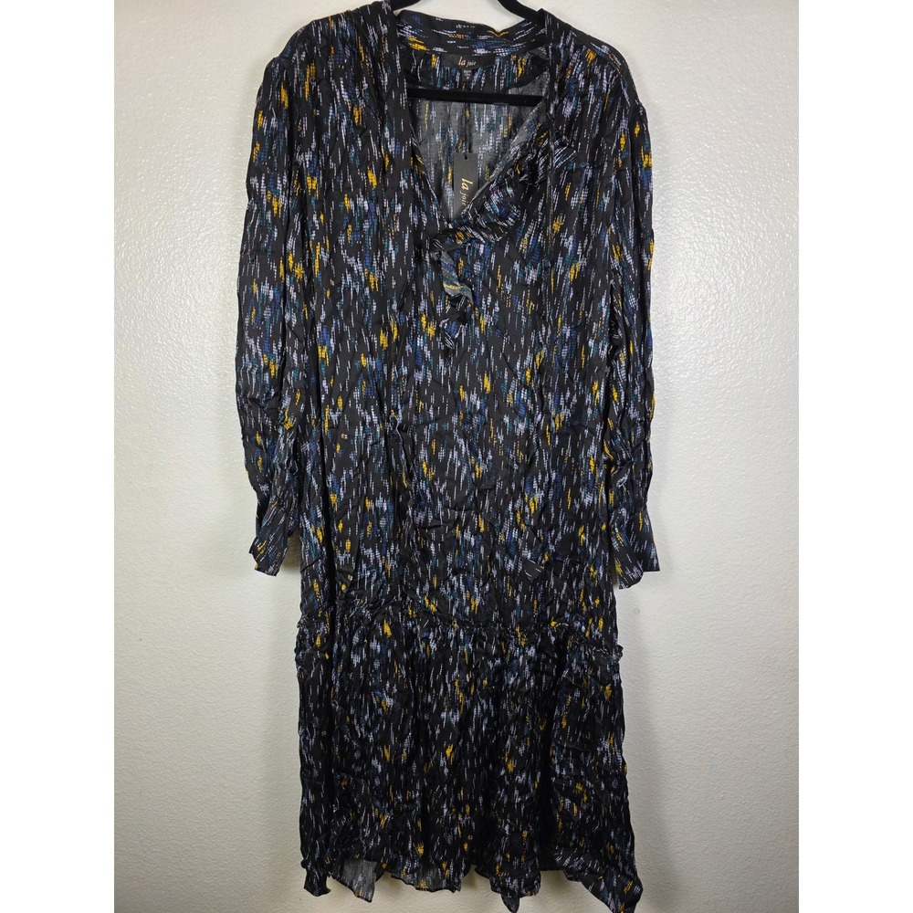 La Joie Womens 3X Black Abstract Print Long Sleeve Tiered Viscose Midi Dress